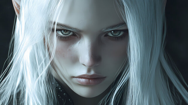 Portrait of a fantasy dark elf female warrior with white long hair. 3d rendering . fantasy illustration. elf. illustration. Dark Elf Warrior. Illustration