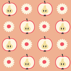 Aesthetic pattern with daisy flowers and apples. Summer retro print for curtain, tablecloth, textile and fabric. Hand drawn vector background for decor and design.