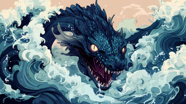 Sea monster rising from depths. Behemoth Beast. Illustration