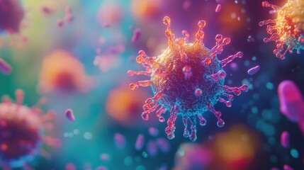 A microscopic view of a virus with a colorful background.