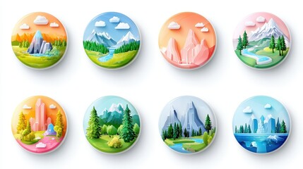 Colorful Round Landscape Icons   Nature Illustration Set
