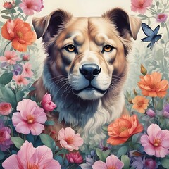  The image is a digital painting of a dog's head with a floral background. The dog has a serious expression and is colored in shades of brown and white.