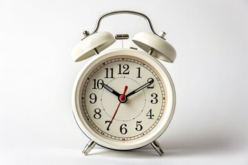White alarm clock ticking on white background showing almost half past one