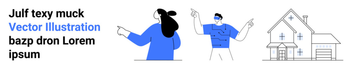 Real estate agents pointing at the house. Ideal for property management, housing market, real estate services, construction, investment, marketing, home buying guides, and sales materials. Banner