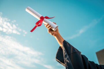 Graduate raising diploma with red ribbon in the sky