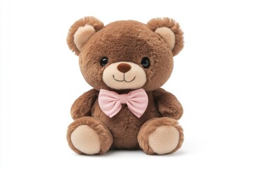 Obraz premium Brown teddy bear wearing pink bow tie sitting on white background