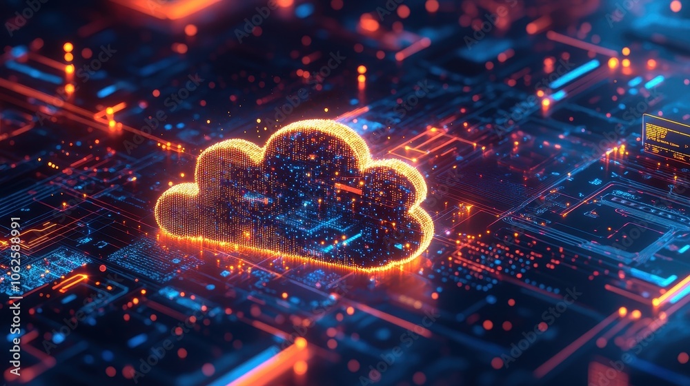 Wall mural futuristic cloud computing concept with glowing digital cloud on circuit board background for techno