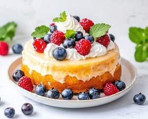 A delightful cake topped with blueberries, raspberries, and mint, perfect for celebrations and dessert lovers.