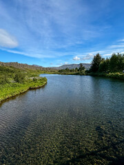 Thingvellir, Iceland - August 12, 2024: Landscape views of the continental divide in Thingvellir National Park in Iceland
