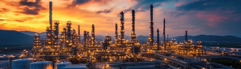 Industrial Oil Refinery at Sunset with Illuminated Towers and Dramatic Sky in the Background
