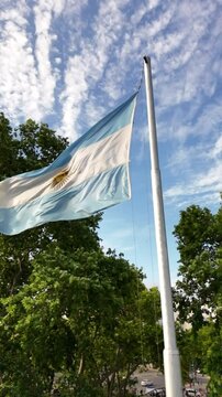 bandera argentina flameando sobre sol, cielo azul	