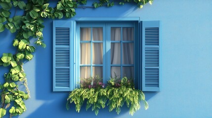 Blue window with open shutters and window vine