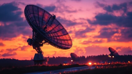 Stunning Sunset Silhouettes of Satellite Dishes Against a Vibrant Sky with Clouds and Glowing Horizon