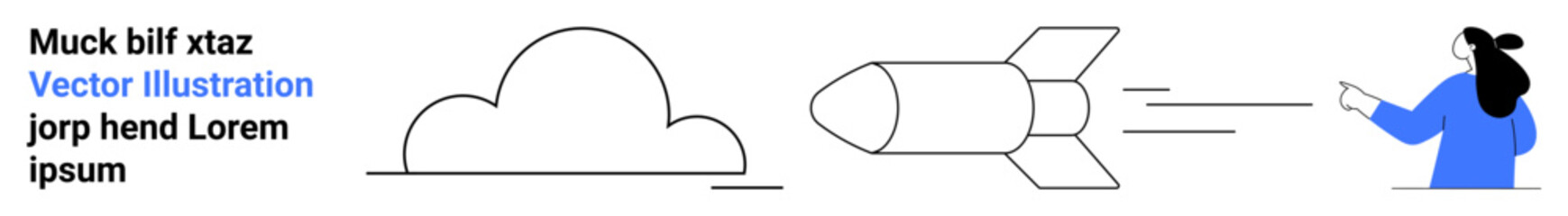 Woman in blue pointing at launching rocket with cloud illustration and text elements. Ideal for technology marketing, startup launches, business growth, innovation, education, presentations