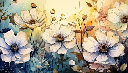 Lovely watercolor hand-drawn summertime flowers in a seamless vector floral design. stock photo. Natural art