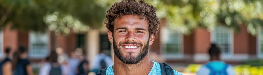 Obraz premium Smiling College Student with Backpack in Front of University Building