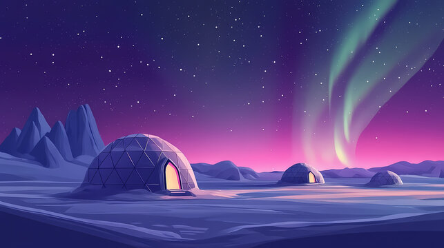 Tranquil arctic night igloos illuminated by the northern lights in a serene winter landscape. Traditional Inuit Igloo. Illustration