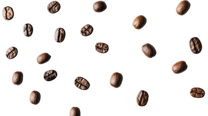 Obraz premium Coffee beans scattered on transparent background, minimalistic pattern. Food and beverage concept