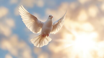 Obraz premium White Dove Flying in Blue Sky with Clouds Symbol of Peace Hope and Spirituality