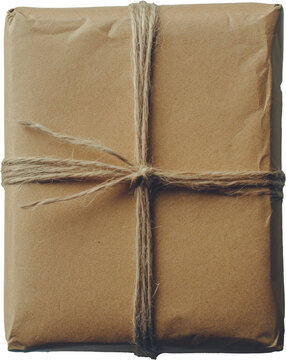 Brown paper parcel tied with string on transparent background, vintage packaging concept