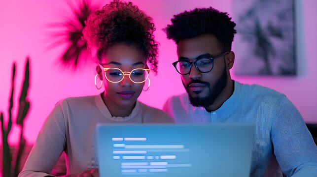 Couple Working on Laptop Neon Lights