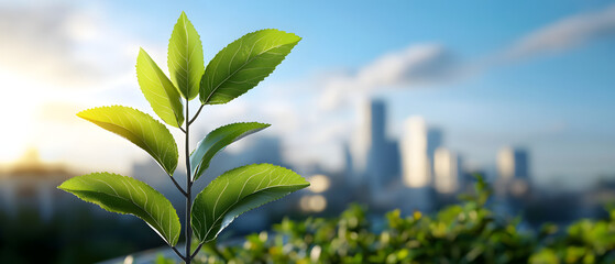 Obraz premium A vibrant close-up of fresh green leaves with a cityscape in the background embracing nature amid urban life