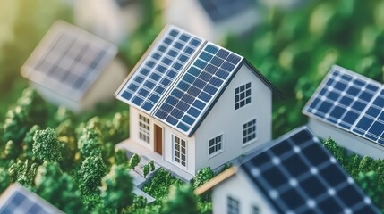 Fototapeta premium Sustainable Living Miniature House with Solar Panels on Green Grass