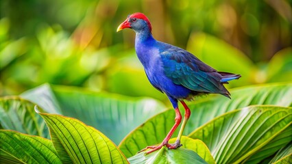 Naklejka premium Architectural Photography of a Vertical View Featuring a Purple Swamphen Standing Gracefully on a Leaf Amidst Lush Greenery in Nature's Serene Environment