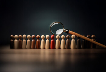 A magnifying glass focuses on a single red figure standing out from a row of wooden figures.