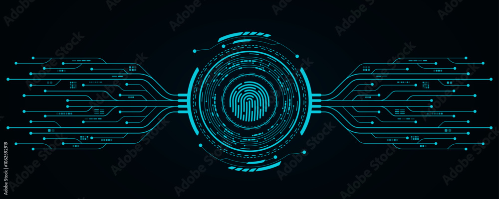 Poster user fingerprint scan with hud circle and electronic computer elements. biometric data security. tou