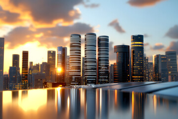 Naklejka premium Stunning urban skyline at sunset a breathtaking view of modern architecture and city lights reflecting on water