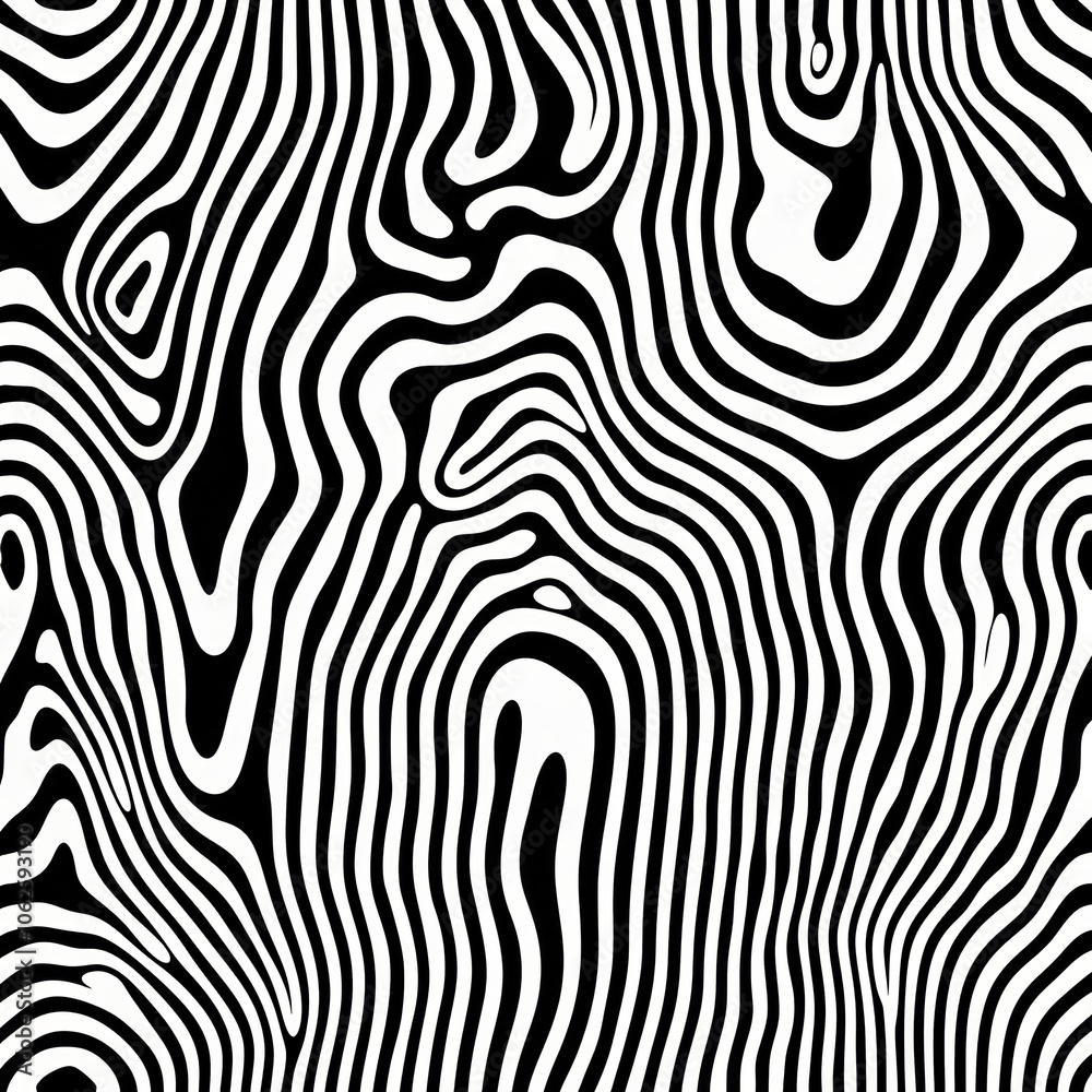 Poster a continuous abstract pattern features flowing black and white lines creating an intriguing wave-lik