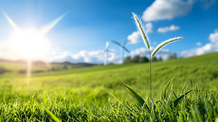 Obraz premium The beauty of nature a serene landscape with wind turbines and vibrant greenery under a bright sky
