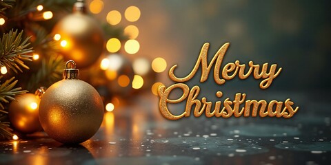 Golden Christmas ornaments and twinkling lights on the left side, with (Merry Christmas) in a shimmering gold font on the right.
