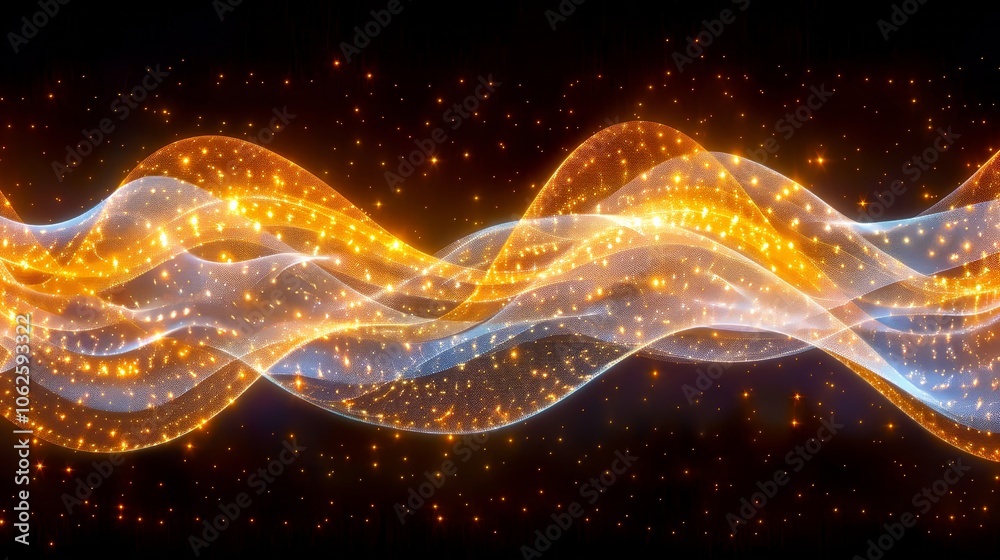 Poster A dynamic display of colorful waves flows through the darkness, illuminated by sparkling lights. The ethereal patterns create a captivating visual experience, evoking movement and energy.