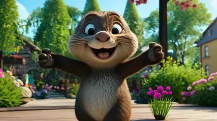 A happy otter stands in a garden, its arms raised in the air, on a sunny day