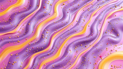 Vibrant waves of purple, pink, and orange swirl together, adorned with golden beads that add...