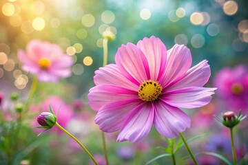 Obraz premium Beautiful Pink Mexican Daisy Flower in Garden with Bokeh Effect, Cosmos bipinnatus Blooming in Soft Focus, Nature's Serenity, Floral Photography, Summer Vibes