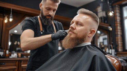 Obraz premium Personal care: client is with the master in barbershop, highlighting meticulous process of grooming and styling, reflecting experience of receiving professional service in a refined setting.