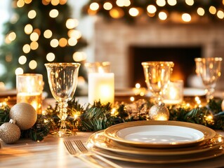A beautifully set holiday table with sparkling lights, elegant glassware, and festive decor, perfect for Christmas celebrations.