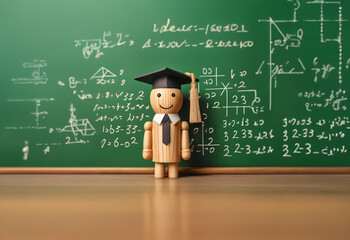 A wooden figure with a graduation cap and tie stands in front of a chalkboard covered in mathematical equations.