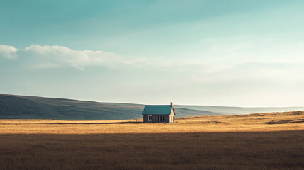 Fototapeta premium Solitary house on a grassy landscape under a vast sky at dawn in a remote area