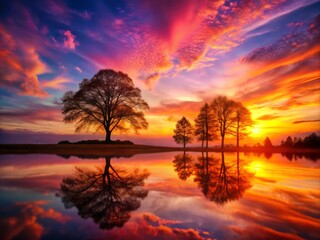 Fototapeta premium Breathtaking Double Exposure of Sunset Over Tree Line with Vibrant Colors and Nature's Serenity Captured in a Dreamy Landscape Scene for Photography Lovers