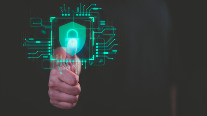 User hand interacts with a digital lock icon, symbolizing cyber security and data protection. Glowing green circuitry surrounds the lock, representing secure technology and digital privacy.