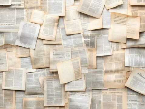 A chaotic arrangement of various old and yellowed newspaper pages, showcasing vintage print and faded text textures.