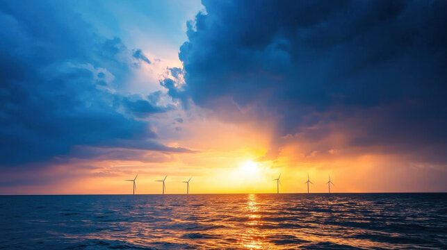 stunning view of modern wind turbines harnessing renewable energy against dramatic sunset over ocean, showcasing natures beauty and technologys harmony