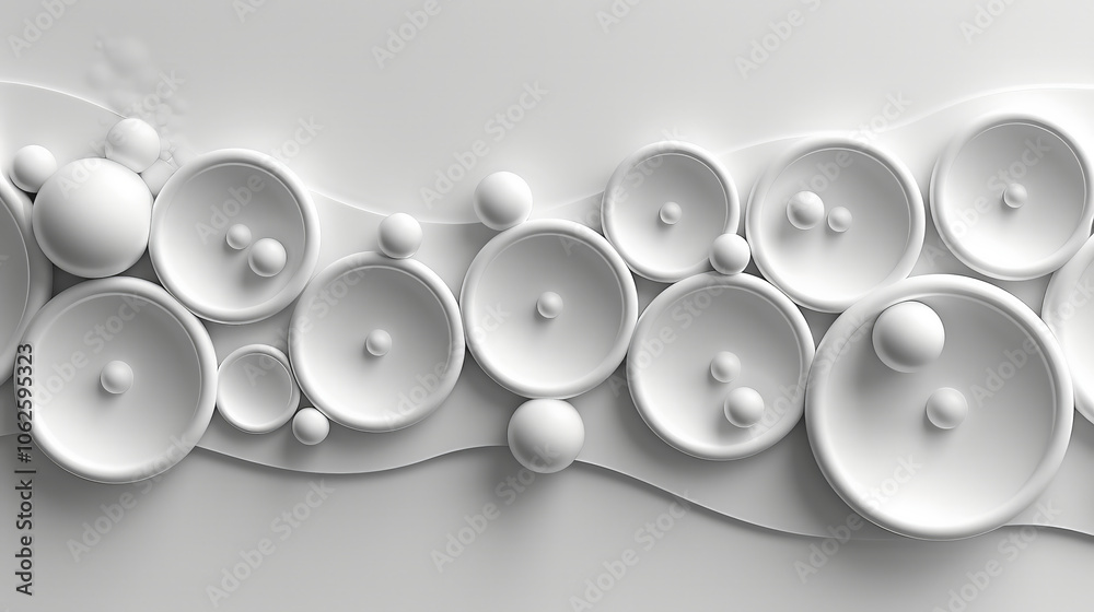 Poster a collection of white circular shapes of varying sizes sits atop a smooth surface, creating an abstr