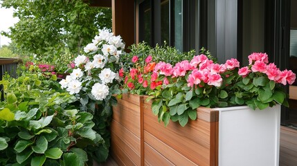 Fototapeta premium A beautiful arrangement of wood-colored elements adorned with elegant white camellia flowers and soft pink begonias. The warm, natural tones of the wood provide a perfect backdrop 