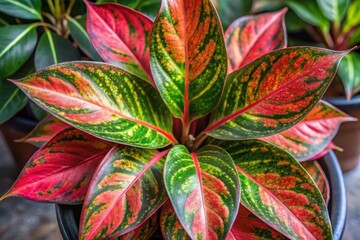 Fototapeta premium Candid Photography of Aglaonema Siam Aurora Plant from Above - Vibrant Red and Green Leaves Captured in Natural Light for Home Decor and Gardening Inspiration