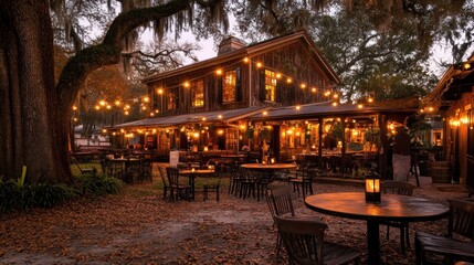 A charming historical inn with rustic decor and warm lighting,